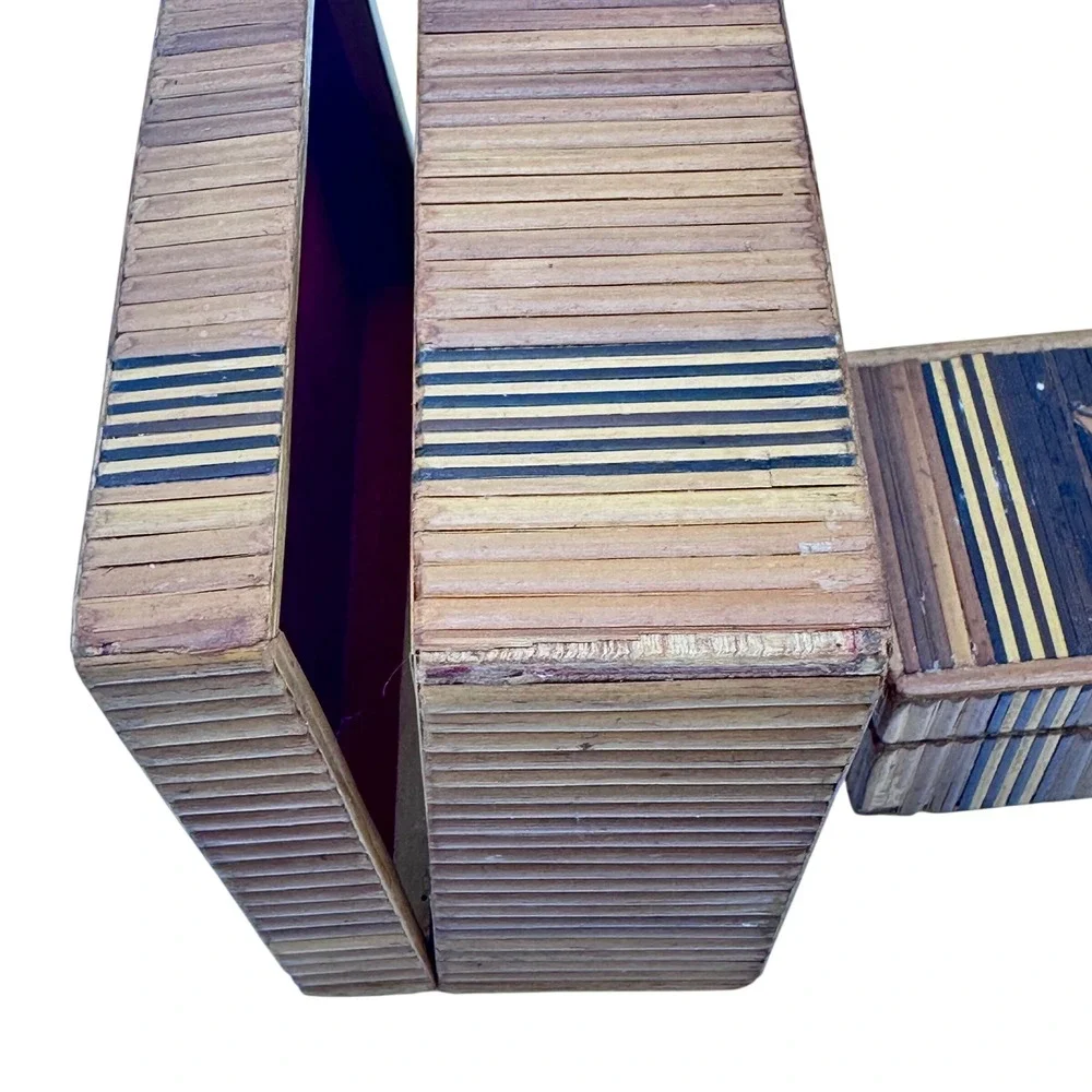 Vintage Trinket Box Set 2pc Straw Marquetry Rose Floral Brown Wood Jewelry Case